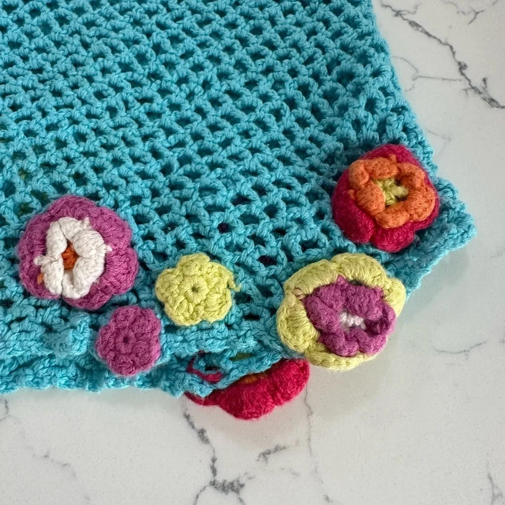 Kids Vintage Flapdoodles Pink and Blue Crochet Flowers Poncho 90s size 6